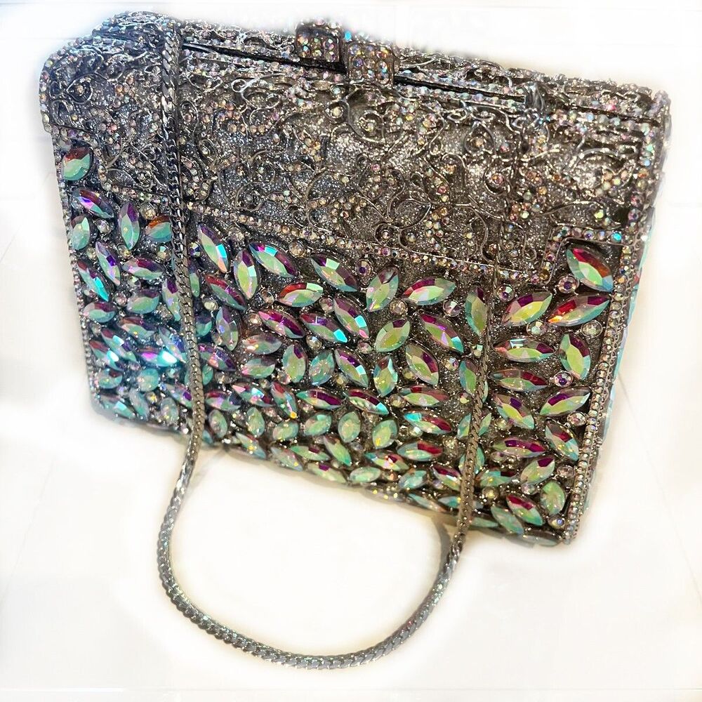 White Chocolate Diamond Crystal Clutch Box Bag Handbag Banquet Purse Fashion